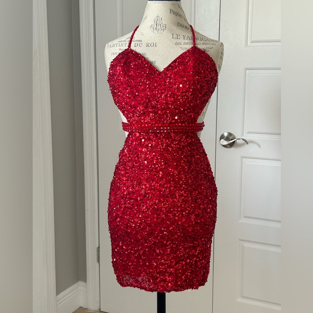 Scala Ruby Red Fully Beaded Evening Cocktail Mini… - image 1